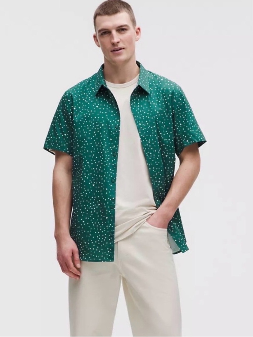 lululemon athletica Green Short Sleeve Button-Down Shirt with White Dot Print